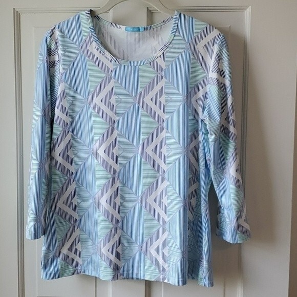J. MCLAUGHLIN BLUE AQUA WHITE STRETCH CATALINA CLOTH KNIT TOP LARGE GEOMETRIC - Picture 1 of 6
